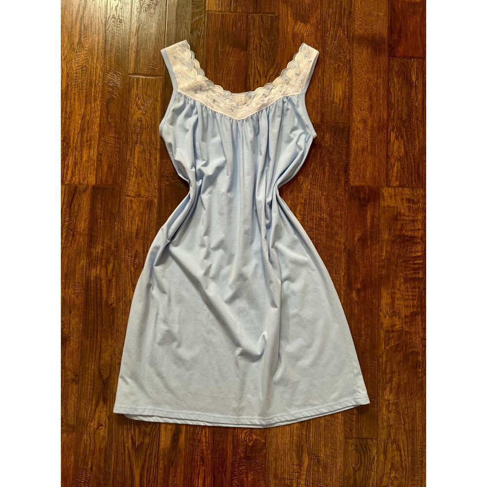 Vintage Blue Cotton Blend Nightgown - Embroidered Lace Yoke - Anthony Richards